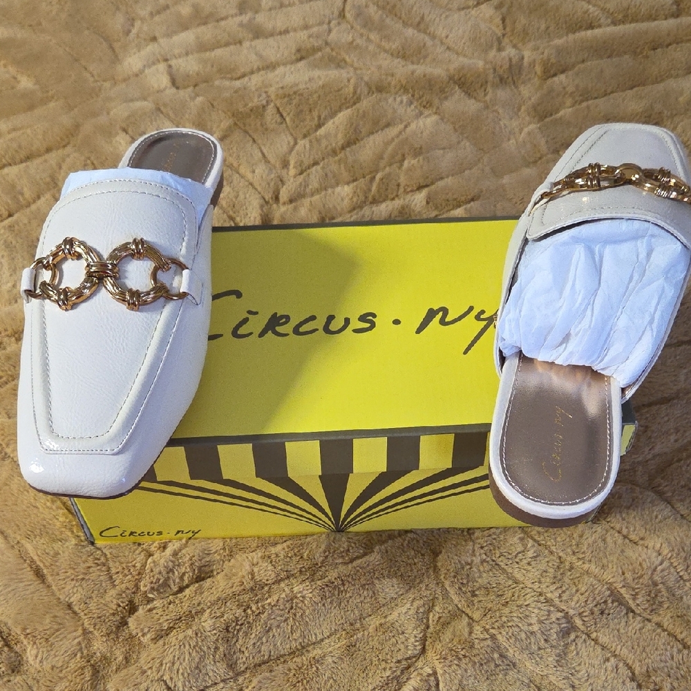 Sam Edelman Cream Mules with Gold Chain Detail